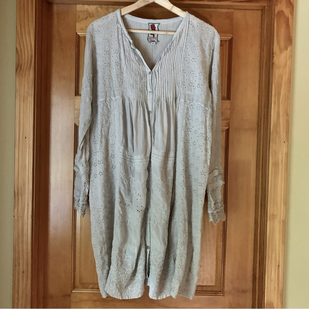 Johnny Was Dress Gray Cupra Rayon Eyelet Tunic Boho Cottagecore Prairie